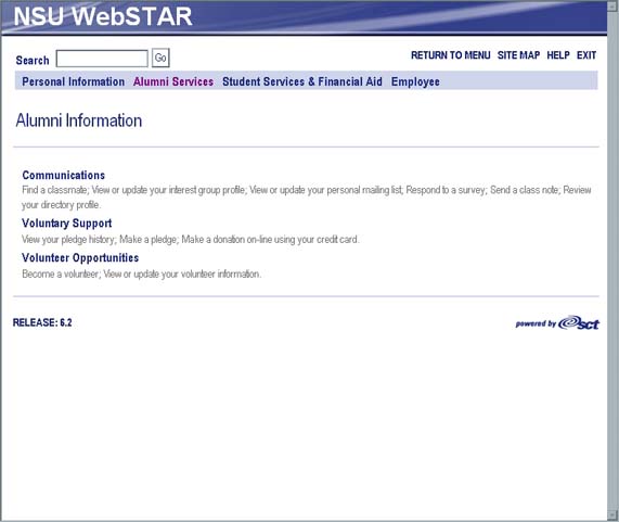 WebSTAR for Alumni Main Menu